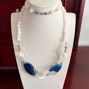 Blue Agate & White Glass Bead Necklace